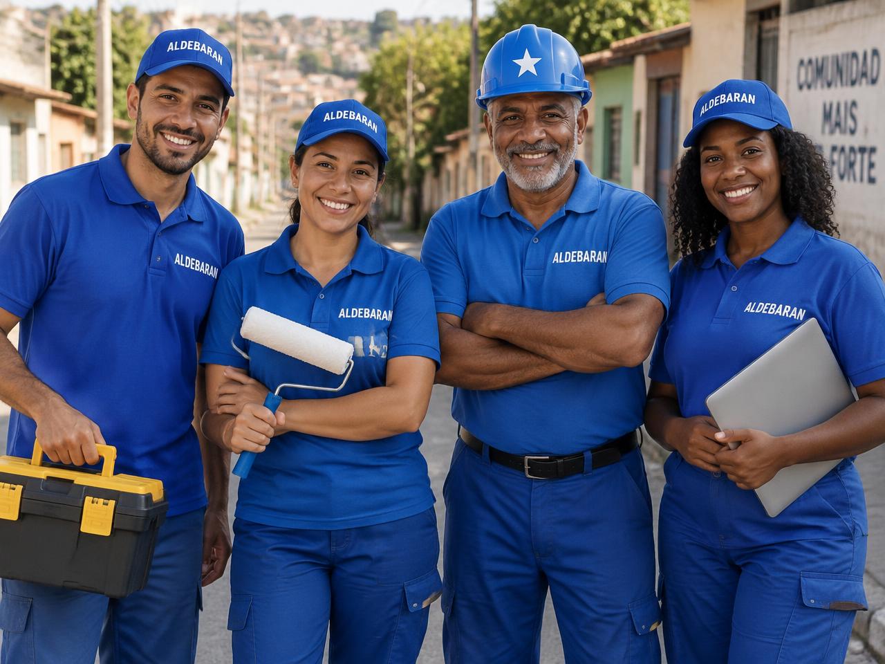 Equipe de profissionais da comunidade ALDEBARAN, de uniforme azul